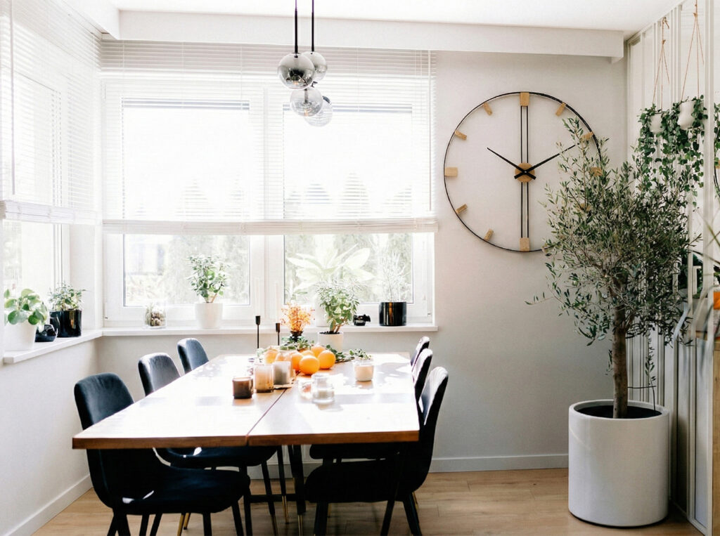 Prosty zegar ścienny z drewnianym środkiem i metalową obręczą w otoczeniu pnących roślin